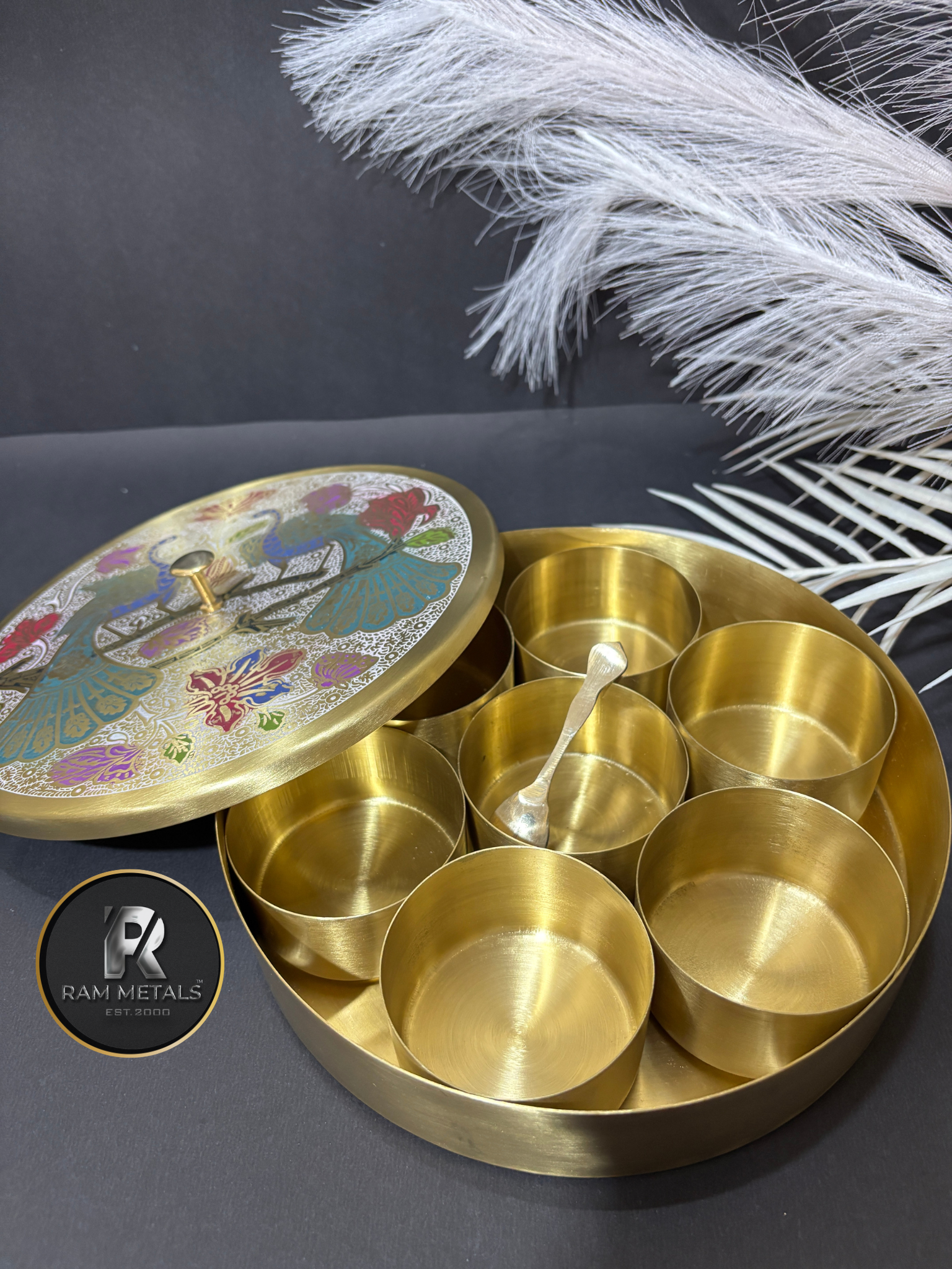Premium Peacock Brass Masala Box with Engraved Lid and Spice Containers - Handcrafted Brass Spice Box Manufacturer in India